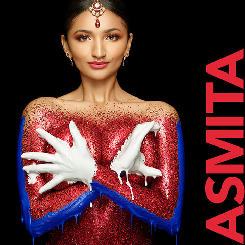 Model Asmita Kumari from Nepal in red glitter, white and blue by Nick Saglimbeni for Painted Princess Project.